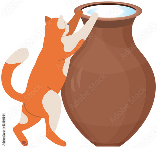 Cute red cat drinking big jug of milk on floor in flat vector style. Hungry cat looking for food, stands on its hind legs and looks into tall pitcher. Domestic animal isolated on white background