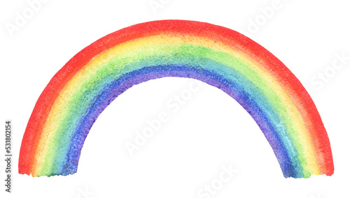 Hand drawn textured watercolor rainbow, childish, naive style, uneven edges. Watercolour painted background, graphic template for collages, posters. Bright rainbow stripes with aquarelle stains. 