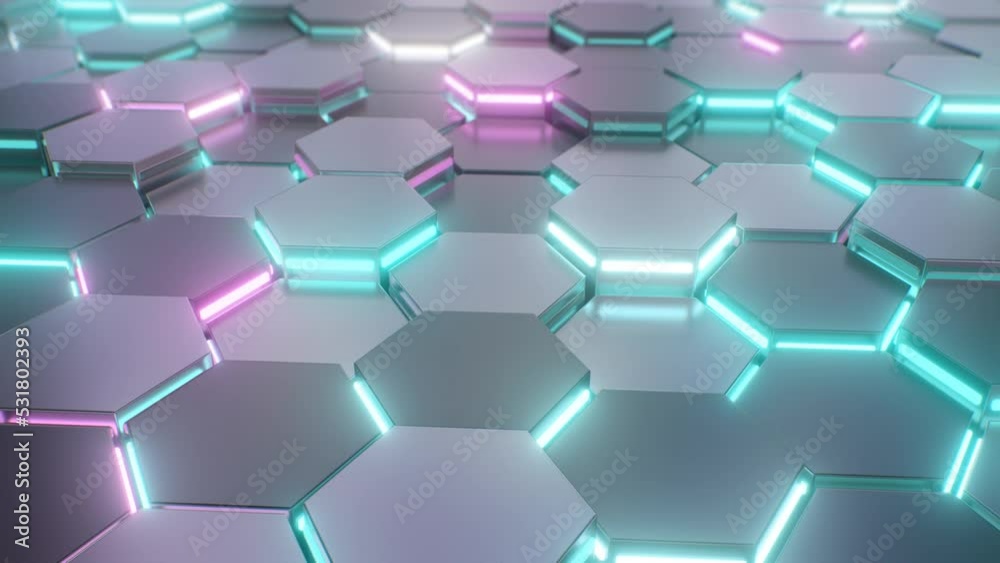 Abstract Sci-Fi Neon Glow Hexagon Cell Matrix Moves and Lights Flash - 4K Seamless VJ Loop Motion Background Animation