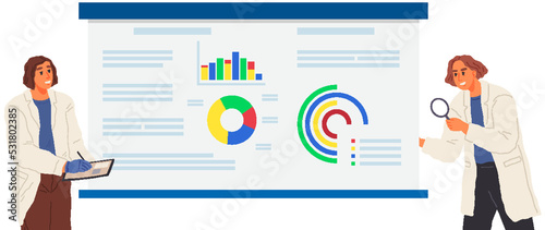 Search for solutions, scientific analysis concept. Woman looking at statistical chart. Scientist works with data analytics and research of statistics. Person with magnifying glass analyzes diagram