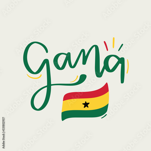 Gana. Ghana in brazilian portuguese hand lettering. modern vector with flag. 