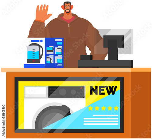 Seller shop assistant showing kitchen teapot to buyer. Customers at domestic appliances store. Retail business. Sales representative male character cashier standing behind counter with computer