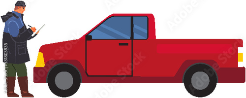 Man looking at car and taking notes. Specialist checking automobile, condition of transport. Maintenance and diagnostics of vehicle vector illustration. Male character standing near red pickup truck