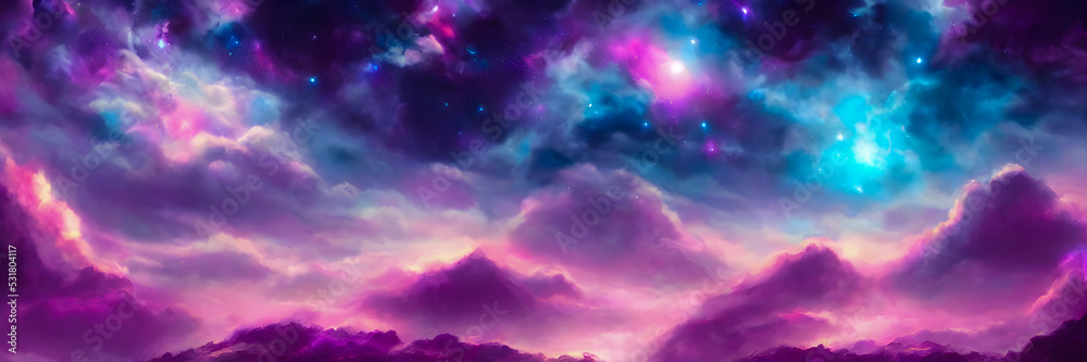 Space background with stardust and shining stars. Fantasy colorful cosmos. Alien planets. Banner size