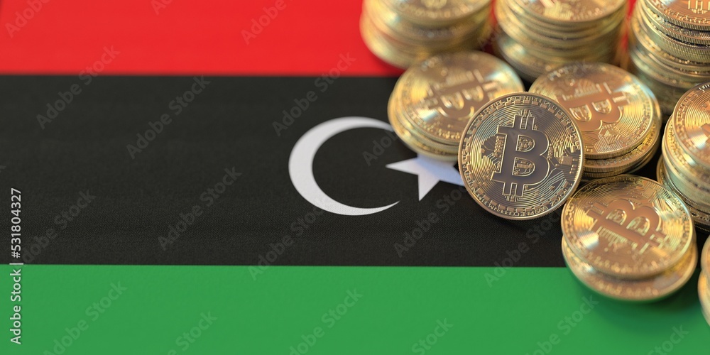 Flag of Libya and many bitcoins. National cryptocurrency regulations concept, 3d rendering