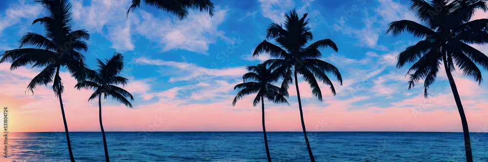 Fantasy Island. Palm trees, Sunset sea landscape. Colorful ocean beach sunrise