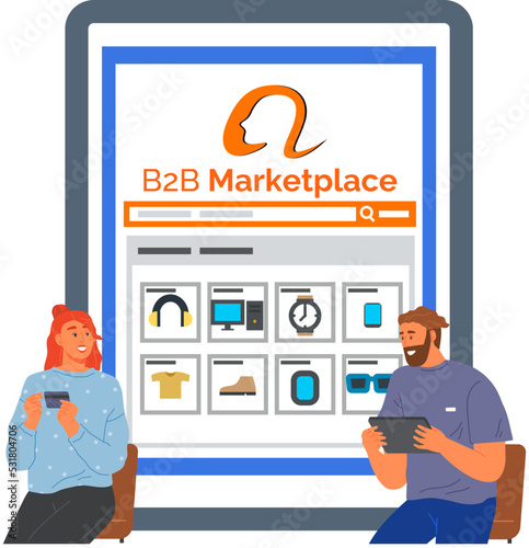 B2B online trading marketplace platform. Salers and payment system, support center app. People using online business application. Man and woman with gadgets with program for Internet shopping