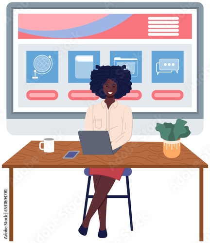 Workplace of african woman working from office. Employee uses laptop for project creation. Brainstorming lady at workspace vector illustration. Dark-skinned girl during work with internet data website