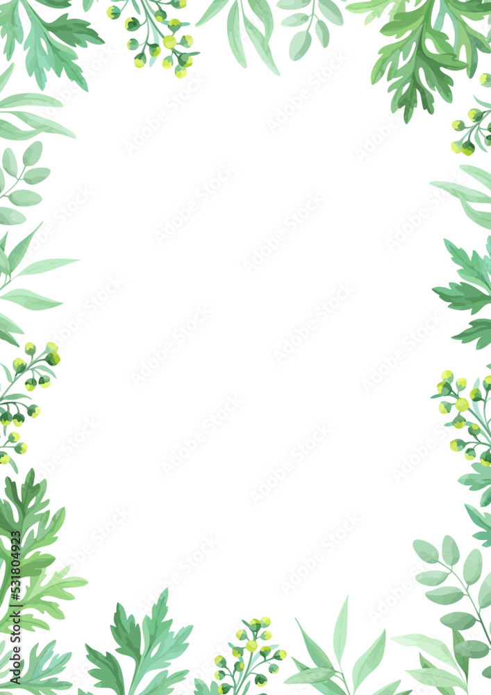 Green leaves frame template. Floral border with place for text. Sagebrush and wild herbs design. Vector illustration.