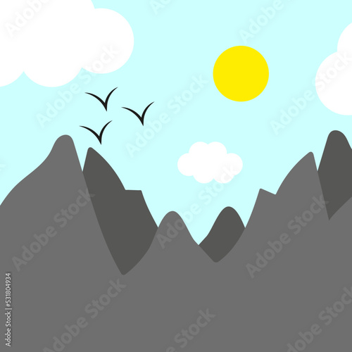 sun mountains birds figure. Color texture. Landscape design. Vector illustration. stock image. 