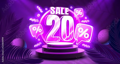Mega sale special offer, Neon 20 off sale banner. Sign board promotion. Vector