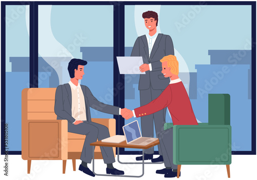 Business partnership cooperation beginning. Businessmen shaking hands after signing contract agreement. Business meeting of partners in office. Male colleagues discussing work and closing deal