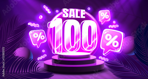 Mega sale special offer, Neon 100 off sale banner. Sign board promotion. Vector