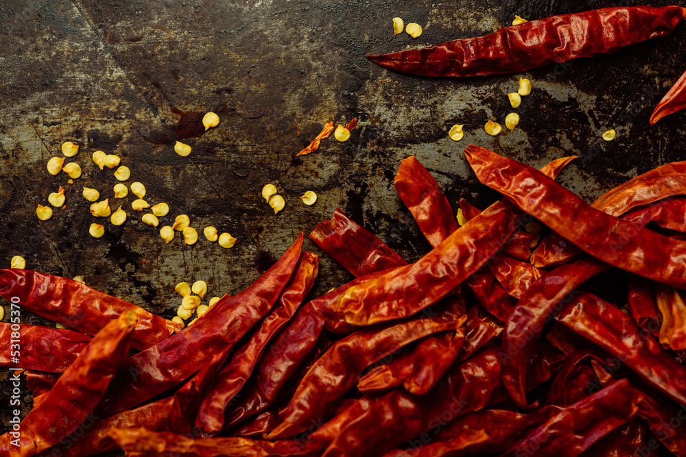 Red, dried bird's eye chili or Thai chilli peppers, hot and spicy
