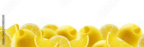 Set of juicy ripe lemons isolated on transparent background. Banner design with place for text, juice and organic food packaging. Copyspace image. Whole yellow lemons and several slices. Fruit cutaway