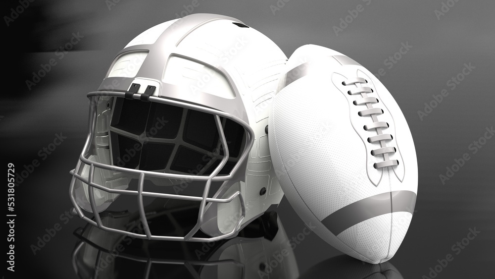 Naklejka premium American football White-Silver helmet and white-Silver Ball under foggy black laser lighting. 3D illustration. 3D CG. 3D high quality rendering.