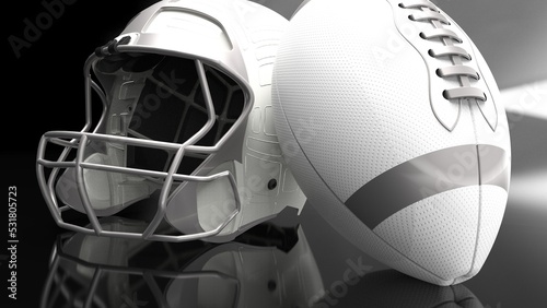 American football White-Silver helmet and white-Silver Ball under foggy black laser lighting. 3D illustration. 3D CG. 3D high quality rendering.