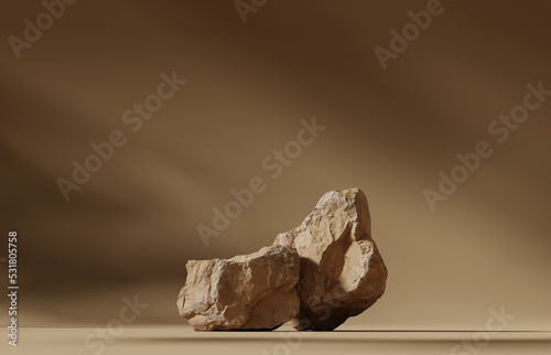 3D podium stone display on brown background. Beige rock, cosmetic beauty product promotion pedestal with sun shadow. Nature landscape showcase. Abstract minimal studio 3D render