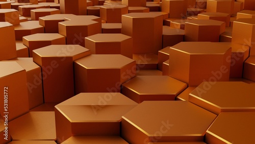 Abstract background with waves made of metallic orange futuristic honeycomb mosaic geometry primitive forms that goes up and down under white back-lighting. 3D illustration. 3D CG. High resolution.