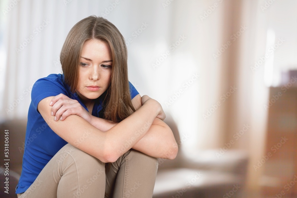 Tired young girl at home, with headache pain concept Tired young girl at home, with headache pain concept