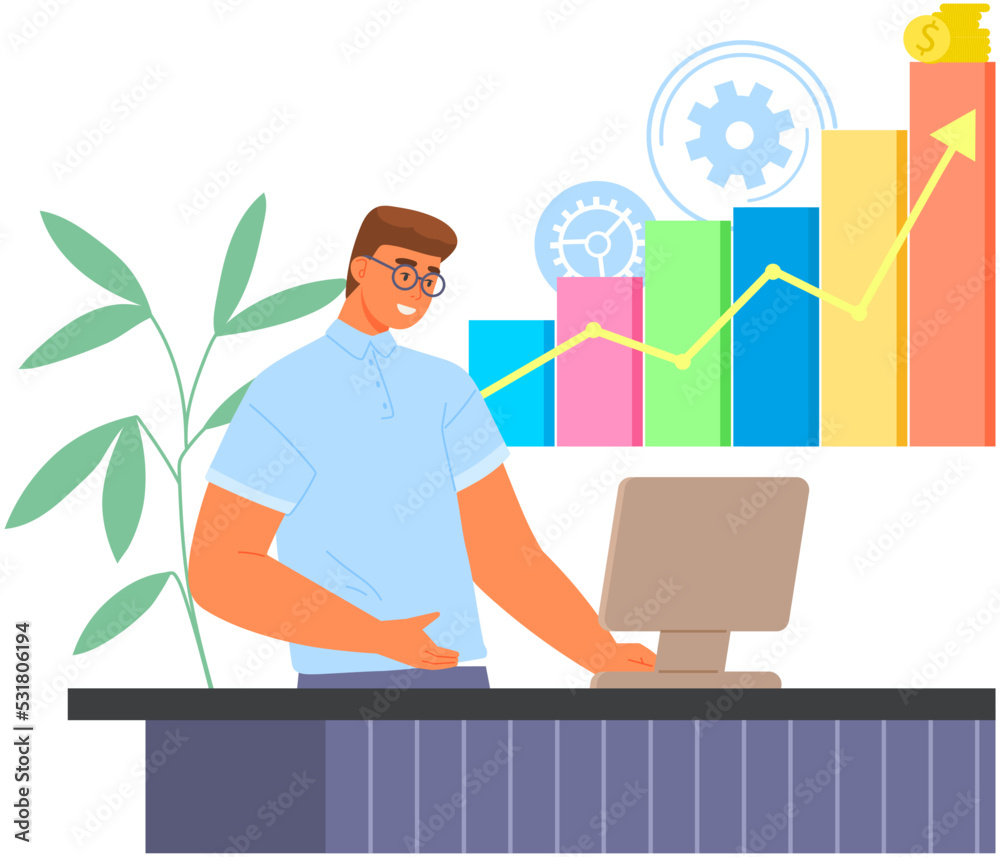 Man analyses financial business statistics report on computer. Business specialist conducts data analysis, financial research. Businessman studies statistical indicators, diagrams in office Man analyses financial business statistics report on computer. Business specialist conducts data analysis, financial research. Businessman studies statistical indicators, diagrams in office