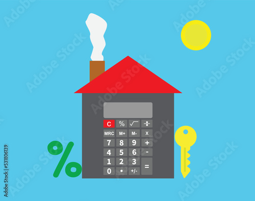 House mortgage calculation, residential budget, insurance or cost and expense, real estate investment or home refinance money concept, percentage interest sign, coin as sun and key.