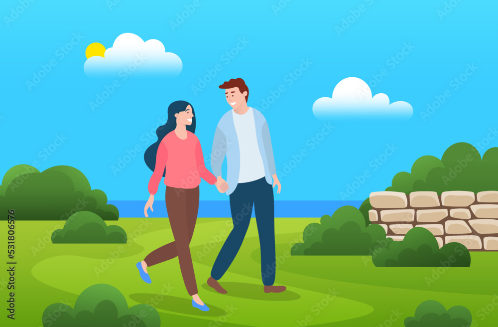 Couple walking in forest or park. Young guy and girl holding hands walking in summer garden. Lovers man and woman on date, romantic walk outdoor. Happy promenade in open air, active lifestyle