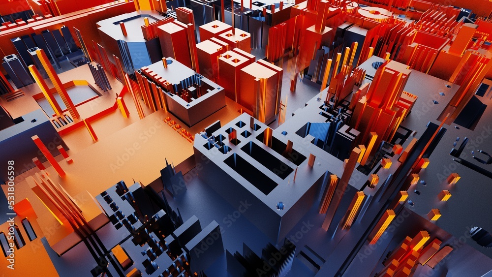 Orange-blue futuristic circuit technology under black-white background. Concept 3D CG of hi-tech digital data connection system, computer electronic design and Sci-Fi Landscape.