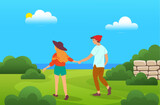 Couple walking on shore of lake or river. Young guy and girl holding hands walking near sea. Lovers man and woman on date, romantic walk outdoor. Happy promenade in open air, active lifestyle