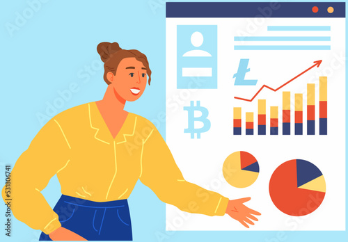 Statistical and data analysis for business cryptocurrency finance investment concept with businesswoman working on monitor graph dashboard, report with charts. Bitcoin growth analytics on exchange