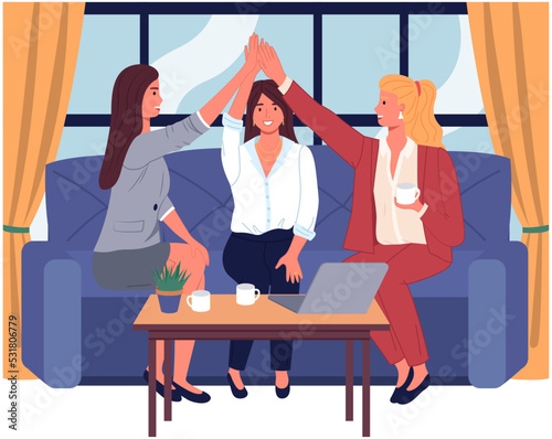 Girls sitting on comfy sofa, talking. Happy smiling women chatting and relaxing on couch together. Business ladies during day off having rest at home. Recreation with friends, friendship concept