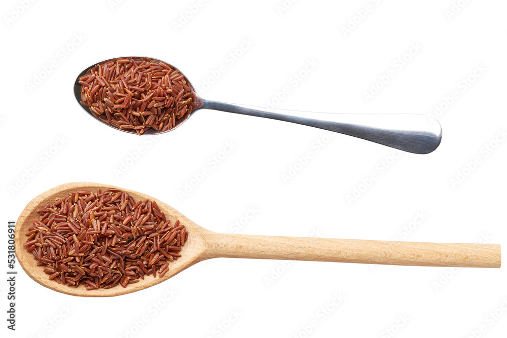 wooden and metal spoon with organic red rice isolated on white background top view. wooden and metal spoon with organic red rice isolated on white background top view.