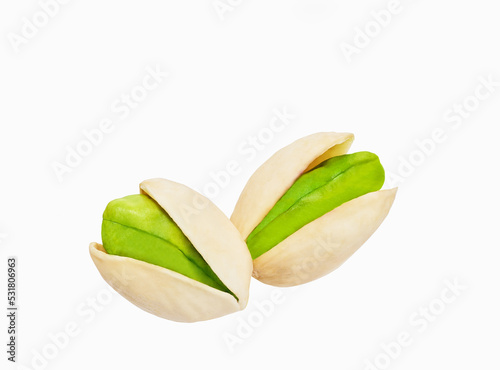 two pistachio isolated on white background, clipping path, full depth of field.