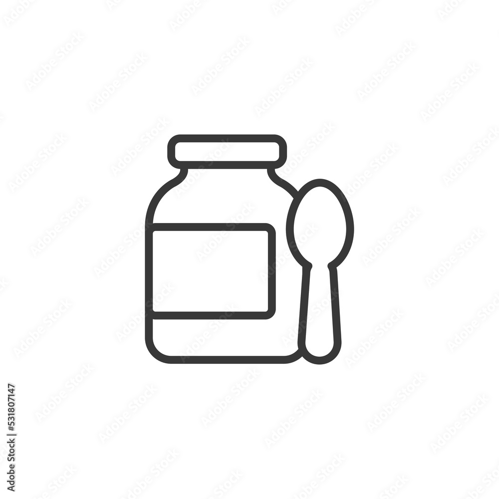 Set of baby food jar with separate spoon. Linear icon of complementary foods. Black simple illustration of ready purees in glass bottle. Contour isolated vector image on white background Set of baby food jar with separate spoon. Linear icon of complementary foods. Black simple illustration of ready purees in glass bottle. Contour isolated vector image on white background