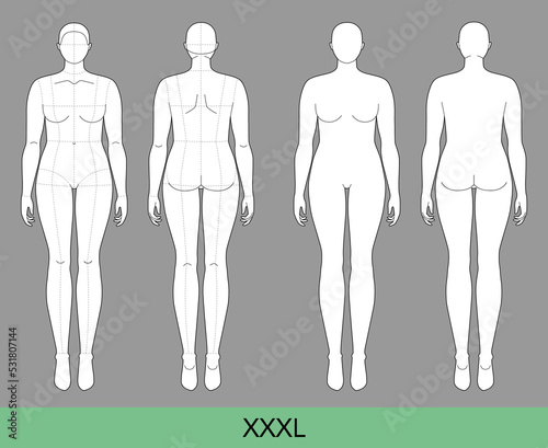 Set of XXXL Women Fashion template 9 nine head size Croquis over size Lady model Curvy body figure front, back view. Vector outline girl for Fashion Design, Illustration, technical drawing