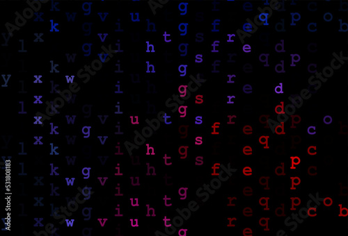 Dark blue, red vector background with signs of alphabet.
