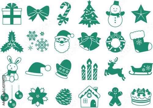 クリスマスアイコンセット_ワンカラー緑_ベクターイラスト