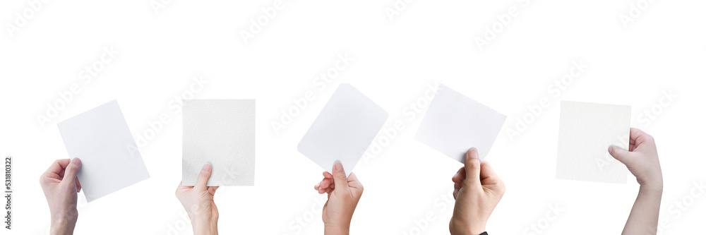 Hands holding white paper isolated on transparent background - PNG format.