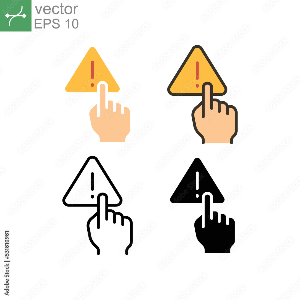 Obraz premium Index finger touch triangle warning symbol with exclamation mark inside for no manage hand sign. Finger, gesture, hand, interaction, warning icon Vector illustration Design on white background. EPS10