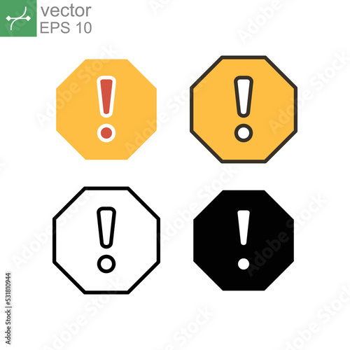 exclamation mark in octagonal shape for hazard warning symbol. Beware secure caution in traffic road. Warning pop up Attention, warning icon. Vector illustration. Design on white background. EPS10