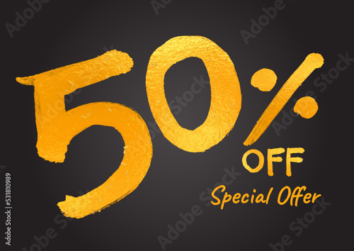 50% OFF. Special Offer Gold Lettering Numbers brush drawing hand drawn sketch. 50 % Off Discount Tag, Sticker, Banner, Advertising. 50% number logo design vector illustration