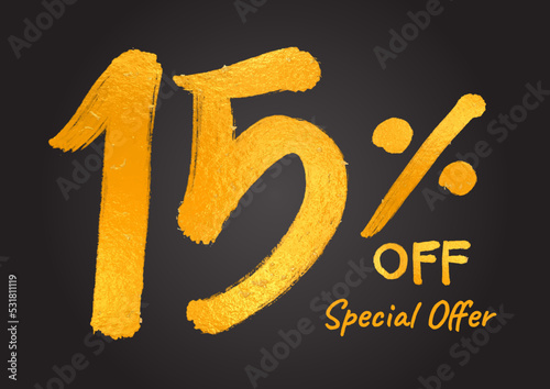 15% OFF. Special Offer Gold Lettering Numbers brush drawing hand drawn sketch. 15 % Off Discount Tag, Sticker, Banner, Advertising. 90% number logo design vector illustration