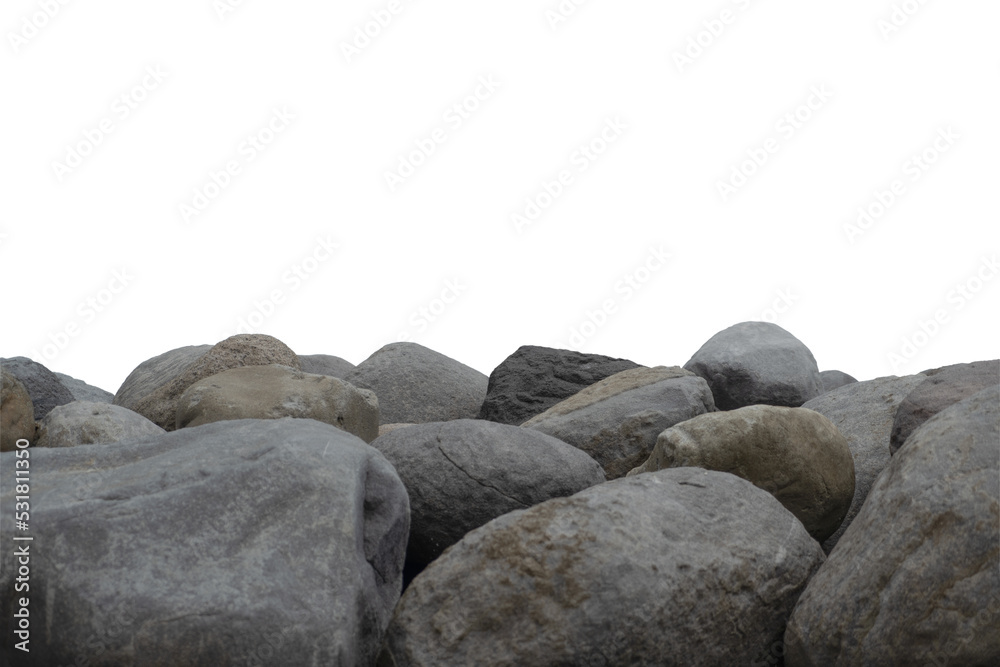 Piled up boulders, close up rocks, white cutout background Piled up boulders, close up rocks, white cutout background