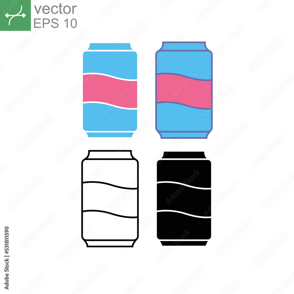 Aluminum Soda pop or soft drink. Carbonated beverage, Soda Cans in tube glass for label in apps and websites. Can, drink, soda, softdrink, icon. Vector illustration. Design on white background. EPS10