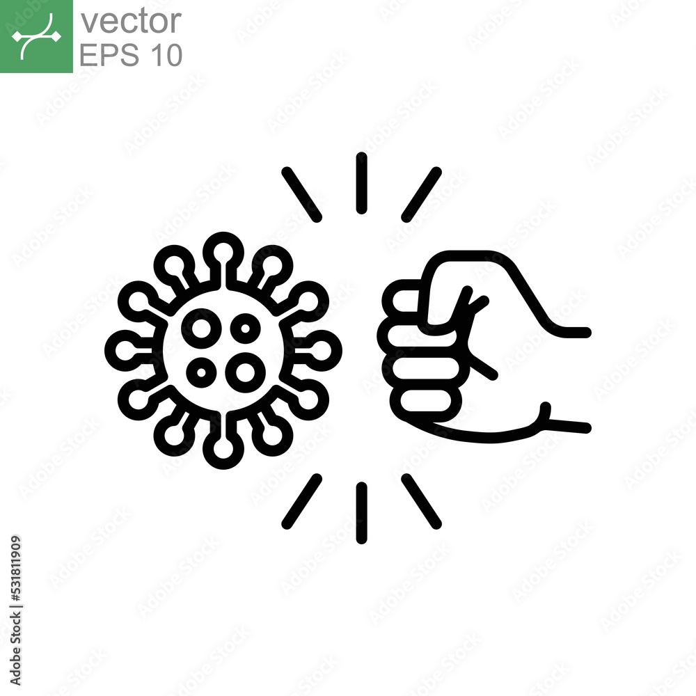 Fototapeta premium Fist kicking, fist kick by bacteria for protect virus, punching hands to fight coronavirus icon. Conquer infection disease with hand fist attack. line Vector illustration design,white background EPS10