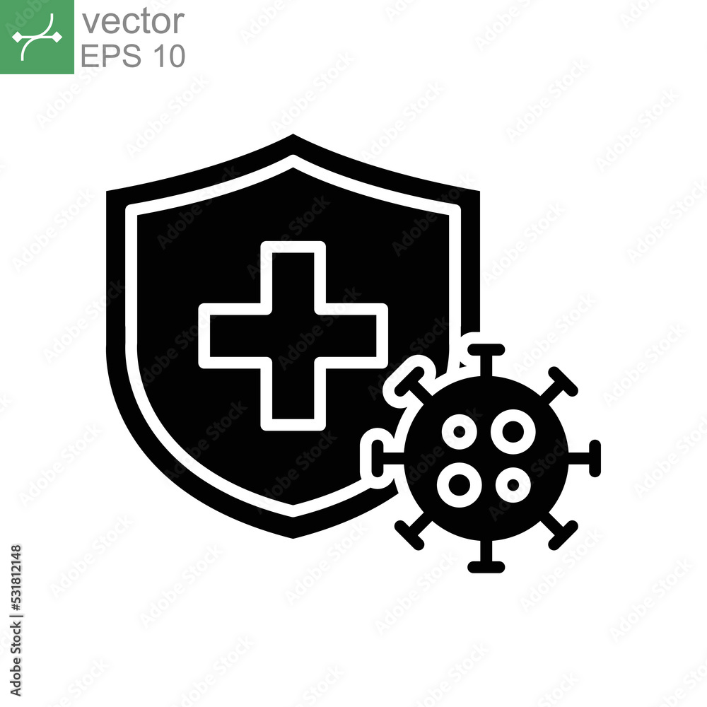 Immune from flu germ icon. Virus protection, hygiene shield protecting coronavirus, germs, bacteria. bacterial prevention. Prohibition sign Solid vector illustration design on white background EPS10 Immune from flu germ icon. Virus protection, hygiene shield protecting coronavirus, germs, bacteria. bacterial prevention. Prohibition sign Solid vector illustration design on white background EPS10