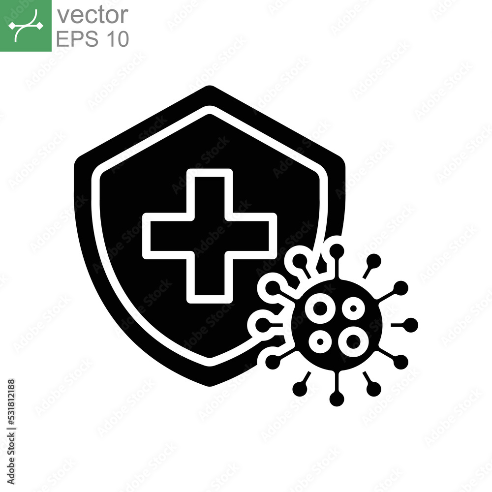 Obraz premium Immune from flu germ icon. virus protection, hygiene shield, bacterial prevention. Stop bacteria and viruses Coronavirus prohibition sign. Solid Vector illustration Design on white background. EPS10