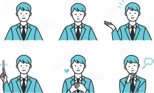 顧客の案内をする清潔感あるスーツ姿のビジネスパーソンのイラストセット