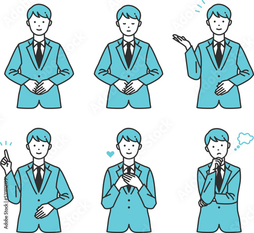 顧客の案内をする清潔感あるスーツ姿のビジネスパーソンのイラストセット
