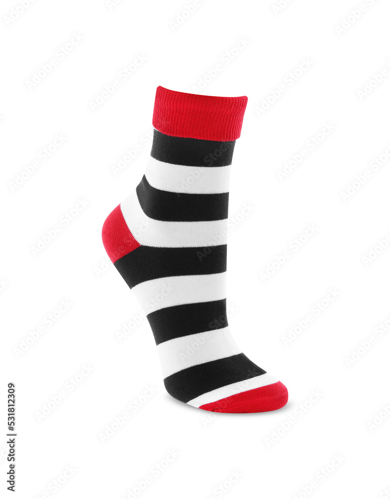New striped sock isolated on white. Footwear accessory